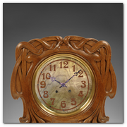 :: Pulse para Ampliar :: Reloj de pared modernista (hacia 1900). Madera de roble con talla y marqueter&iacute;a. 55,5 x 59 x. Fernando Pin&oacute;s Galeria d&rsquo;Art.