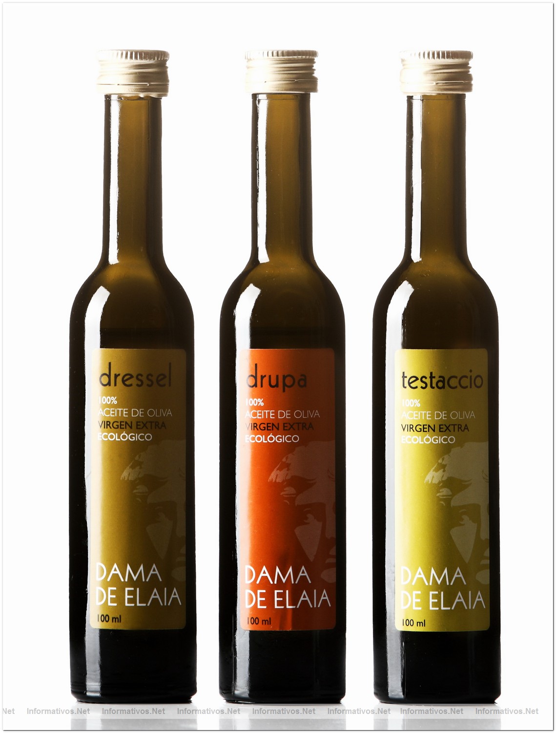 Las tres variedades del aceite Dama de Elaia: Testaccio, Dressel y Drupa. Productos de alta gastronom�a.