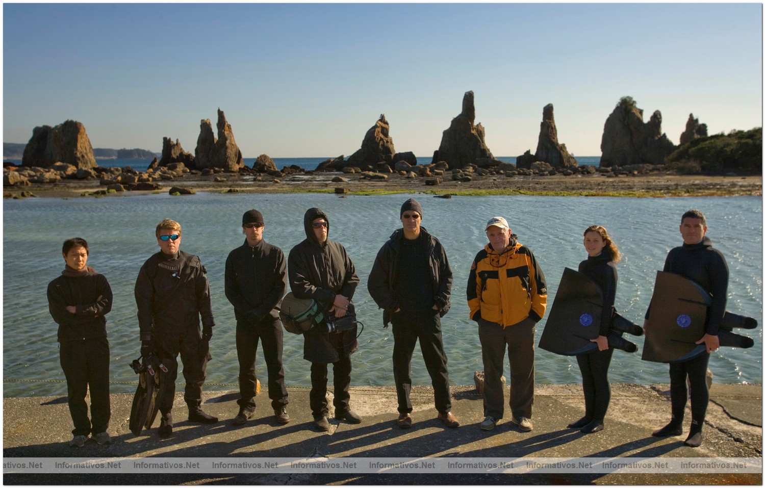 The crew of the documentary, "The Cove" Translator, Goh Iromoto, Simon Hutchins, Joe Chisholm, Charles Hambelton, diretoctor Louie Psihoyos, Marine mammal activist, Ric O'Barry and freedivers Mandy-Rae Cruickshank and Kirk Krack