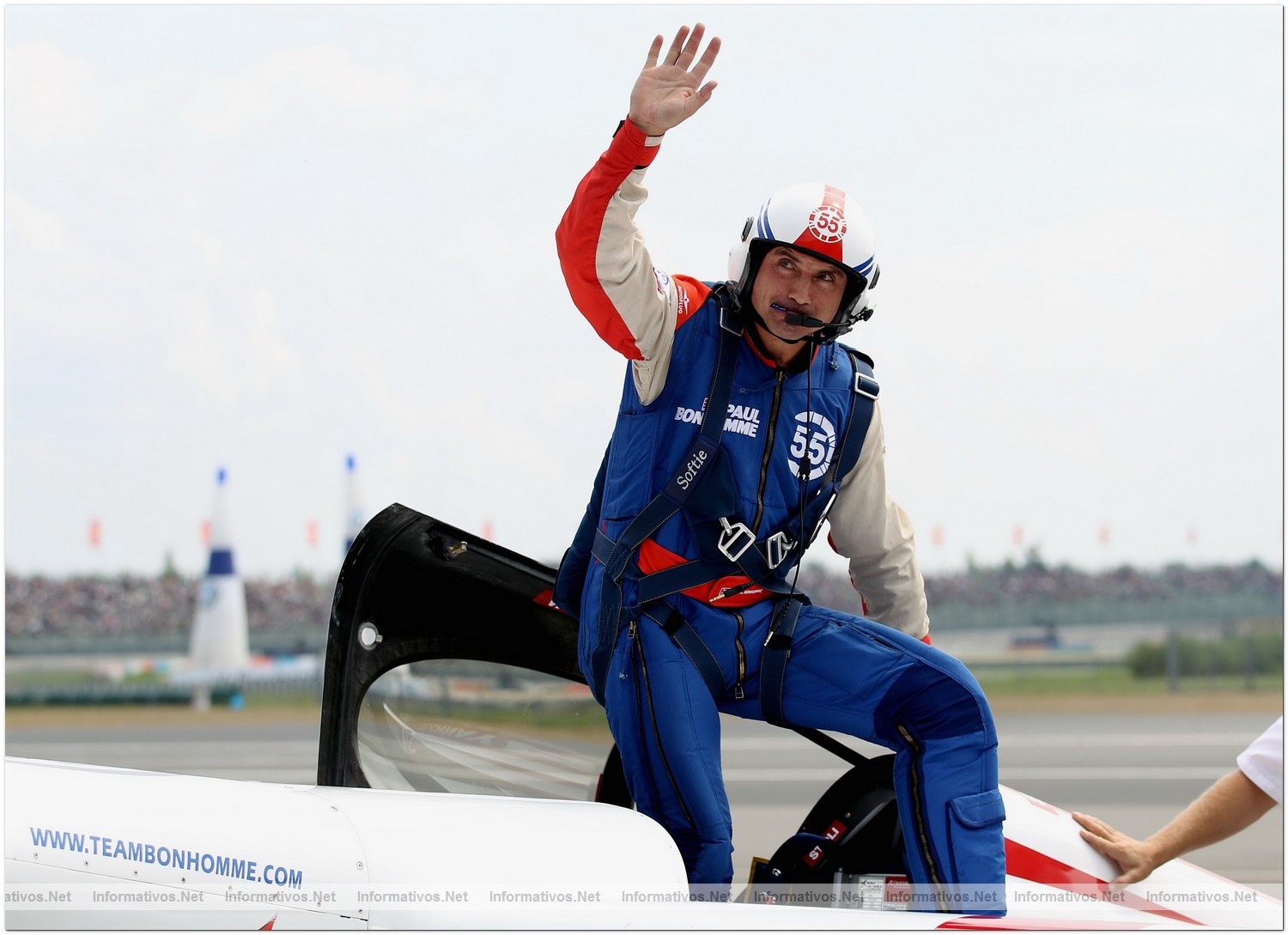 Paul Bonhomme of Great Britain celebrates winning the bonus point after Qualifying for Round 6 of the Red Bull Air Race World Championship at the Eurospeedway, Lausitz on August 8, 2010 in Germany.