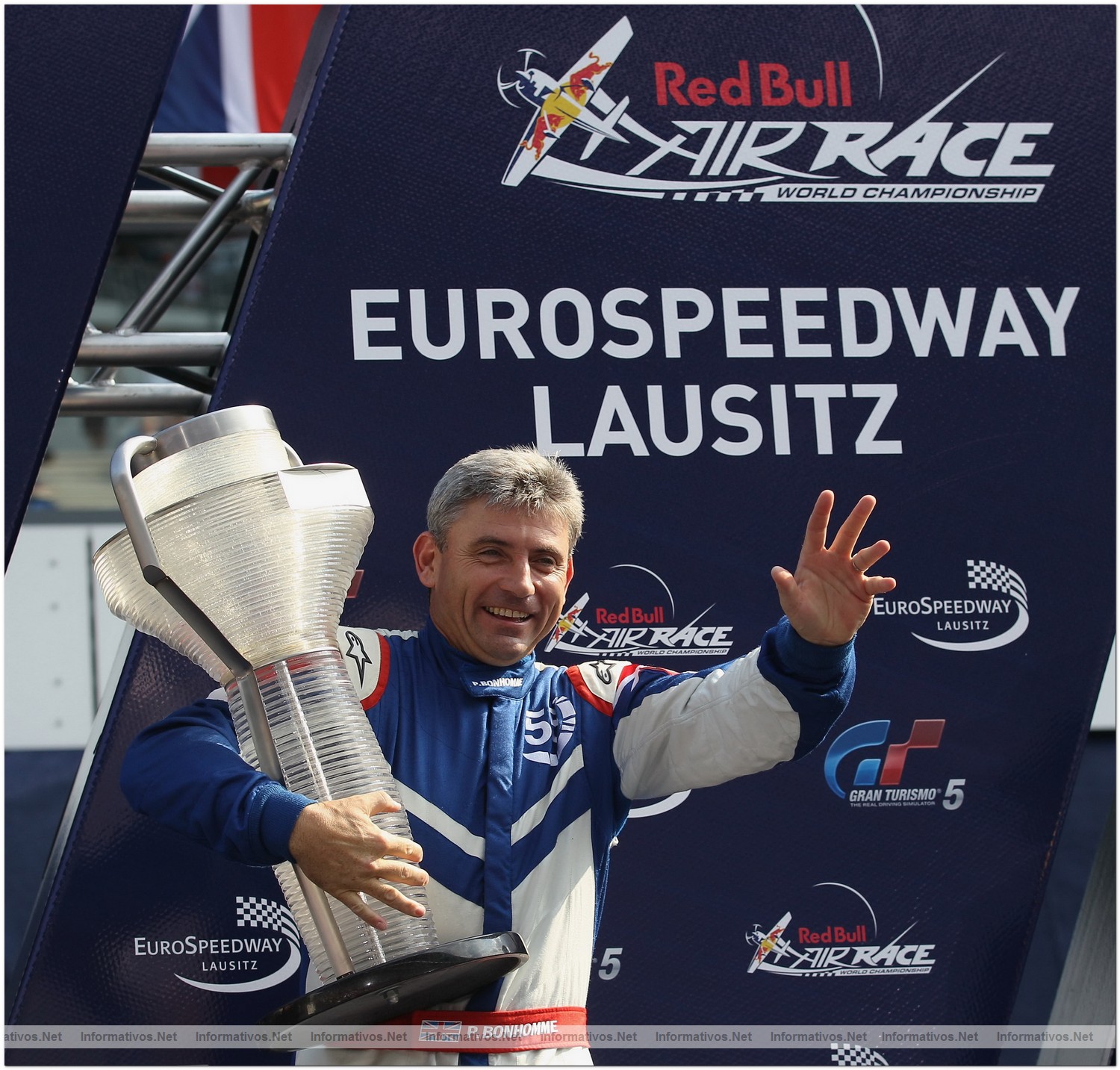 Paul Bonhomme of Great Britain celebrates winning the Red Bull Air Race World Championship at the Eurospeedway, Lausitz on August 8, 2010 in Germany.