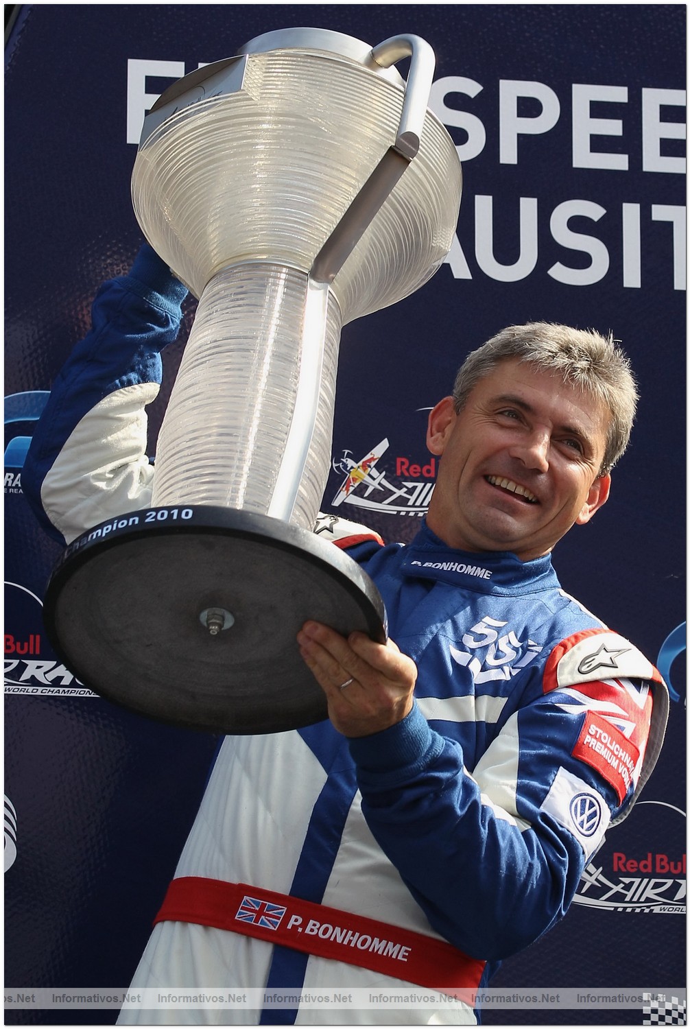 Paul Bonhomme of Great Britain celebrates winning the Red Bull Air Race World Championship at the Eurospeedway, Lausitz on August 8, 2010 in Germany.