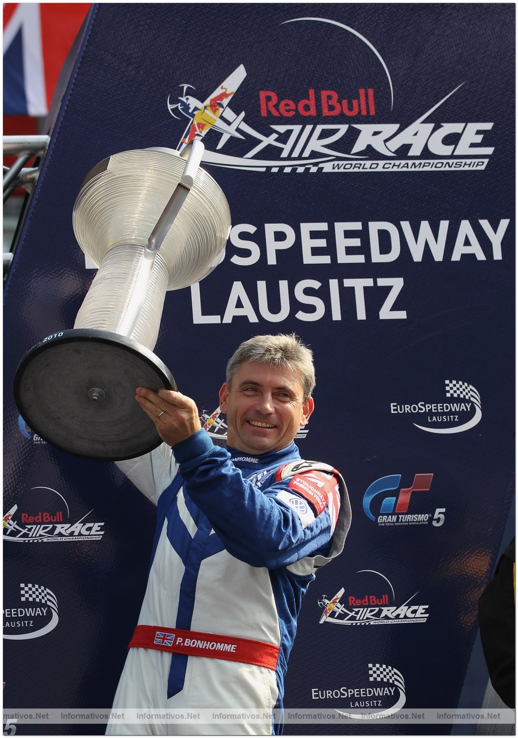 Paul Bonhomme of Great Britain celebrates winning the Red Bull Air Race World Championship at the Eurospeedway, Lausitz on August 8, 2010 in Germany.