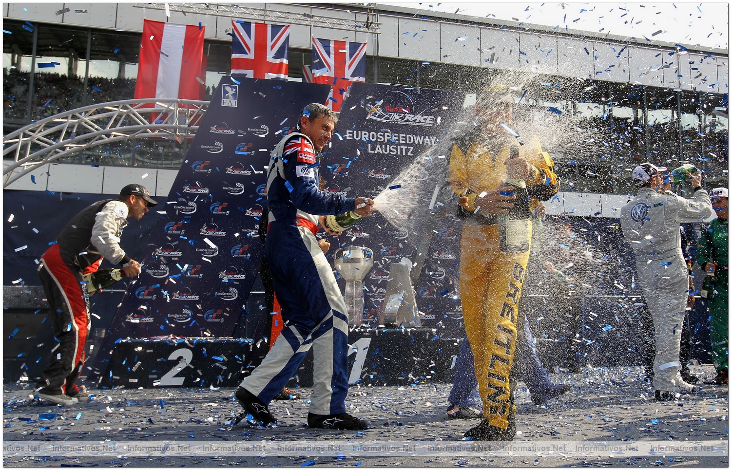 Paul Bonhomme of Great Britain celebrates winning the Red Bull Air Race World Championship at the Eurospeedway, Lausitz on August 8, 2010 in Germany.