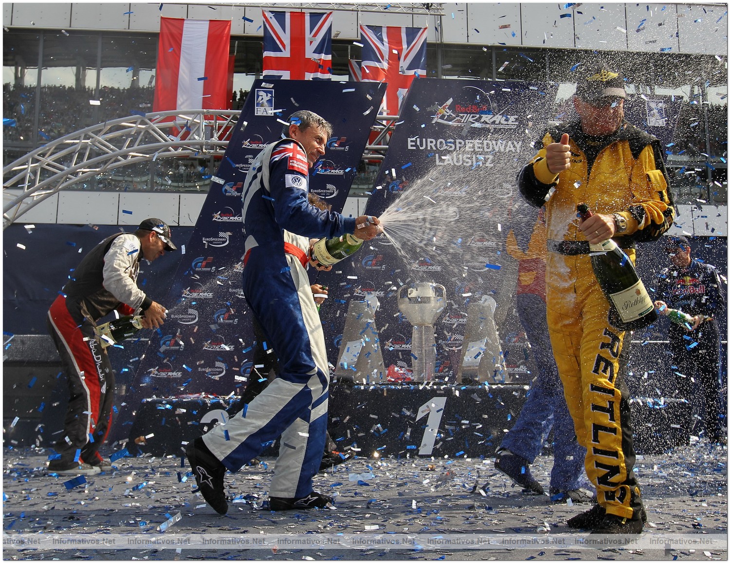Paul Bonhomme of Great Britain celebrates winning the Red Bull Air Race World Championship at the Eurospeedway, Lausitz on August 8, 2010 in Germany.