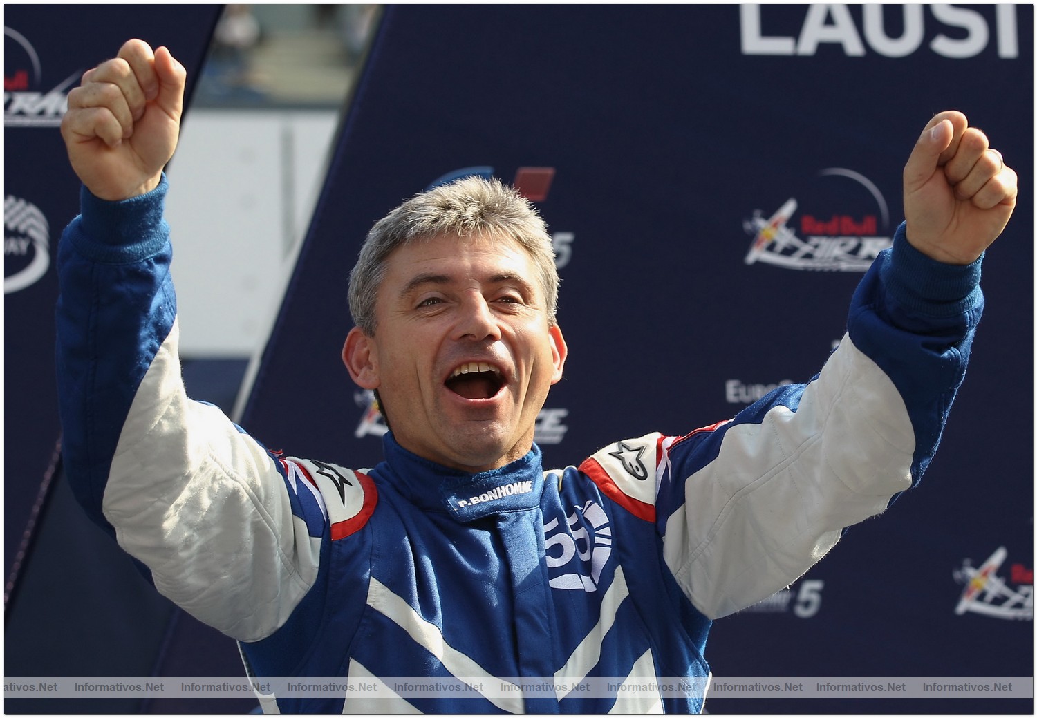 Paul Bonhomme of Great Britain celebrates winning the Red Bull Air Race World Championship at the Eurospeedway, Lausitz on August 8, 2010 in Germany.