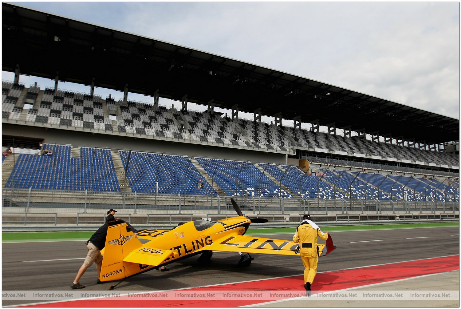 Nigel Lamb of Great Britain pusjes his plane during Round 6, training day 1 of the Red Bull Air Race World Championship at the Eurospeedway, Lausitz on August 5, 2010 in Germany
