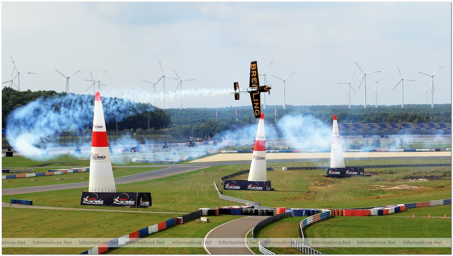 Nigel Lamb of Great Britain in action during Round 6, training day 1 of the Red Bull Air Race World Championship at the Eurospeedway, Lausitz on August 5, 2010 in Germany.