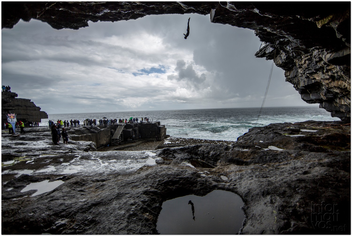 Cyrille Oumedjkane of France dives from the 28 metre platform during the second round of the fourth stop of the Red Bull Cliff Diving World Series, Inis Mor, Aran Islands, Ireland on August 3rd 2012.