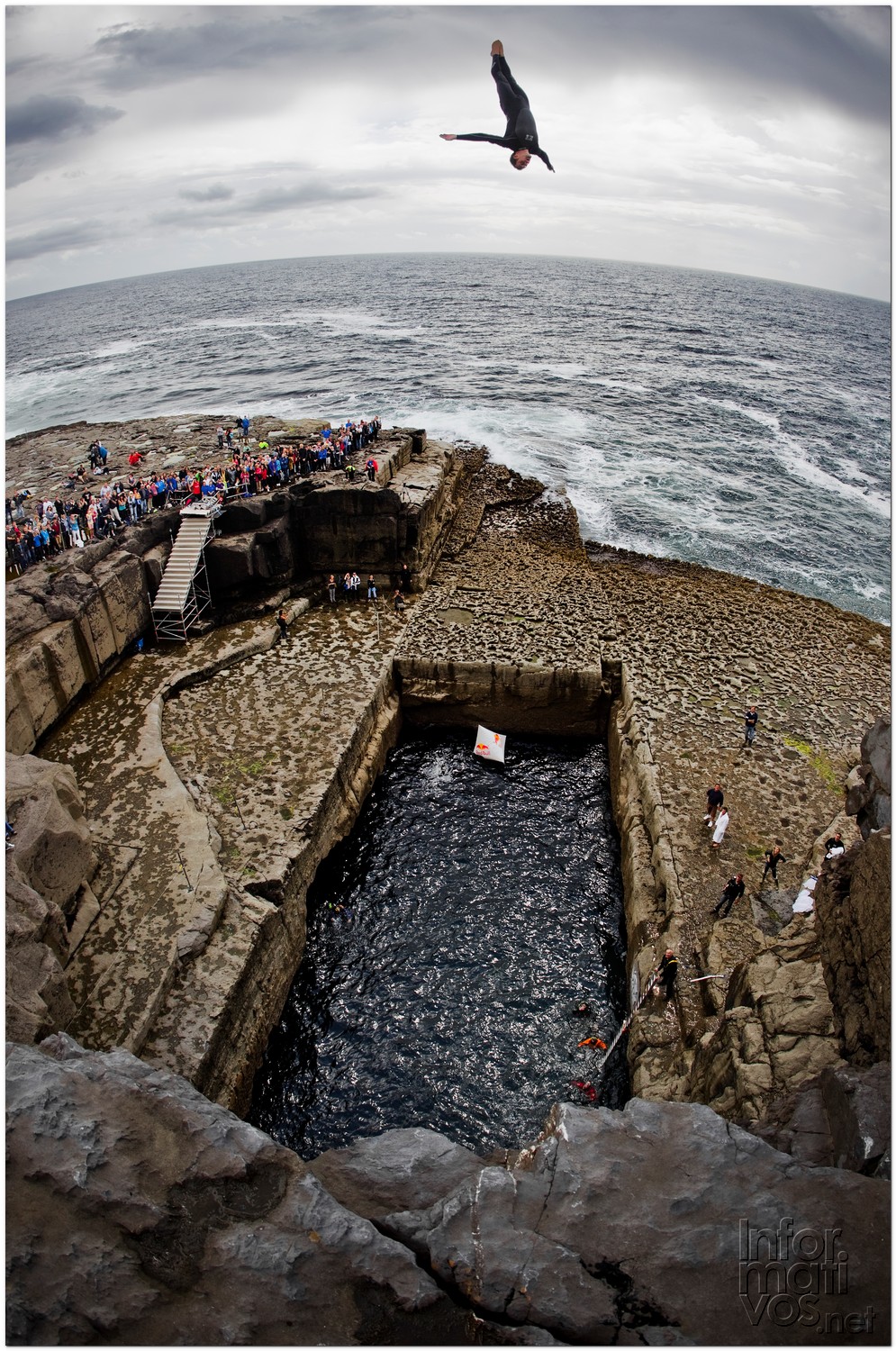 Kent De Mond of the USA dives from the 28 metre platform during the second round of the fourth stop of the Red Bull Cliff Diving World Series, Inis Mor, Aran Islands, Ireland on August 3rd 2012.