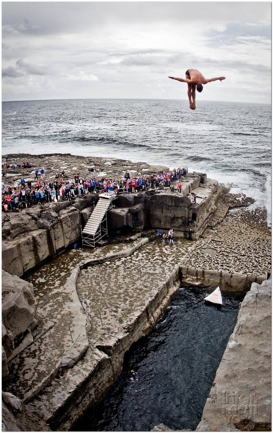 Blake Aldridge of Great Britain dives from the 28 metre platform during the second round of the fourth stop of the Red Bull Cliff Diving World Series, Inis Mor, Aran Islands, Ireland on August 3rd 2012.
