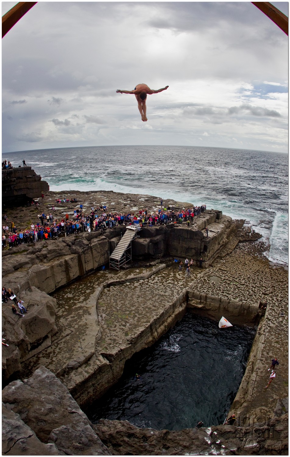 David Colturi of the USA dives from the 28 metre platform during the second round of the fourth stop of the Red Bull Cliff Diving World Series, Inis Mor, Aran Islands, Ireland on August 3rd 2012.