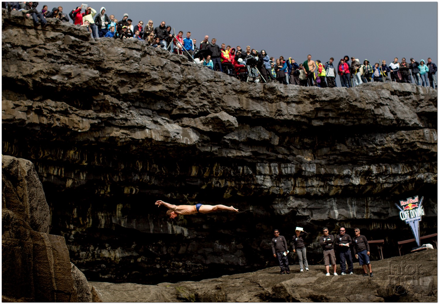 David Colturi of the USA dives from the 28 metre platform during the second round of the fourth stop of the Red Bull Cliff Diving World Series, Inis Mor, Aran Islands, Ireland on August 3rd 2012.
