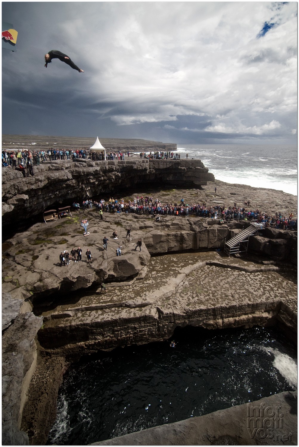 Cyrille Oumedjkane of France dives from the 28 metre platform during the second round of the fourth stop of the Red Bull Cliff Diving World Series, Inis Mor, Aran Islands, Ireland on August 3rd 2012.
