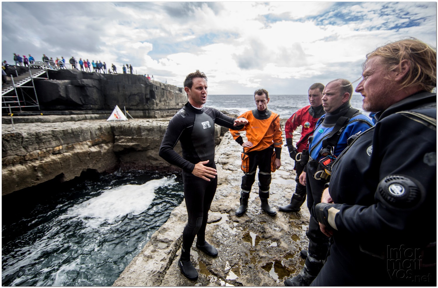 Cliff diving expert, Joey Zuber of Australia briefs the safety divers during the second round of the fourth stop of the Red Bull Cliff Diving World Series, Inis Mor, Aran Islands, Ireland on August 3rd 2012.