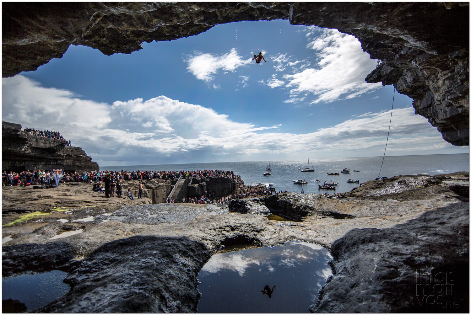 Steven LoBue of the USA dives from the 28 metre platform during the fourth stop of the Red Bull Cliff Diving World Series, Inis Mor, Aran Islands, Ireland on August 4th 2012. 