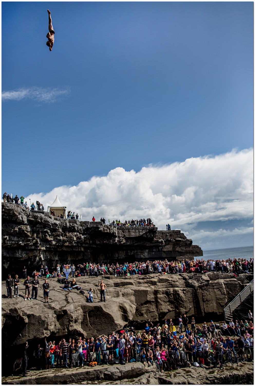 Kent De Mond of the USA dives from the 28 metre platform during the fourth stop of the Red Bull Cliff Diving World Series, Inis Mor, Aran Islands, Ireland on August 4th 2012.