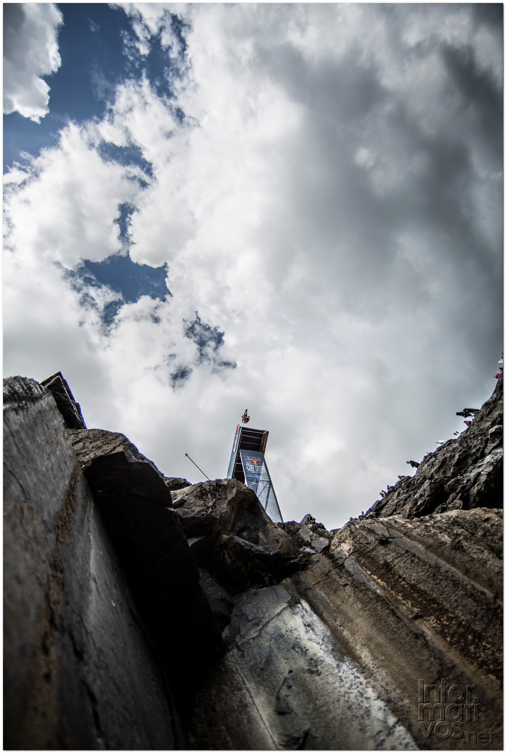 Cyrille Oumedjkane of France dives from the 28 metre platform during the fourth stop of the Red Bull Cliff Diving World Series, Inis Mor, Aran Islands, Ireland on August 4th 2012.