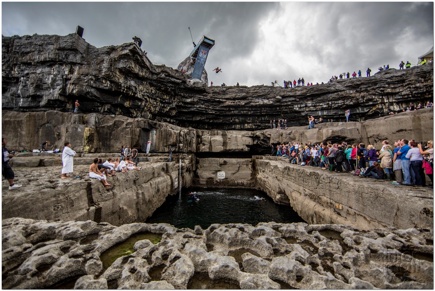 Michal Navratil of the Czech Republic dives from the 28 metre platform during the fourth stop of the Red Bull Cliff Diving World Series, Inis Mor, Aran Islands, Ireland on August 4th 2012.