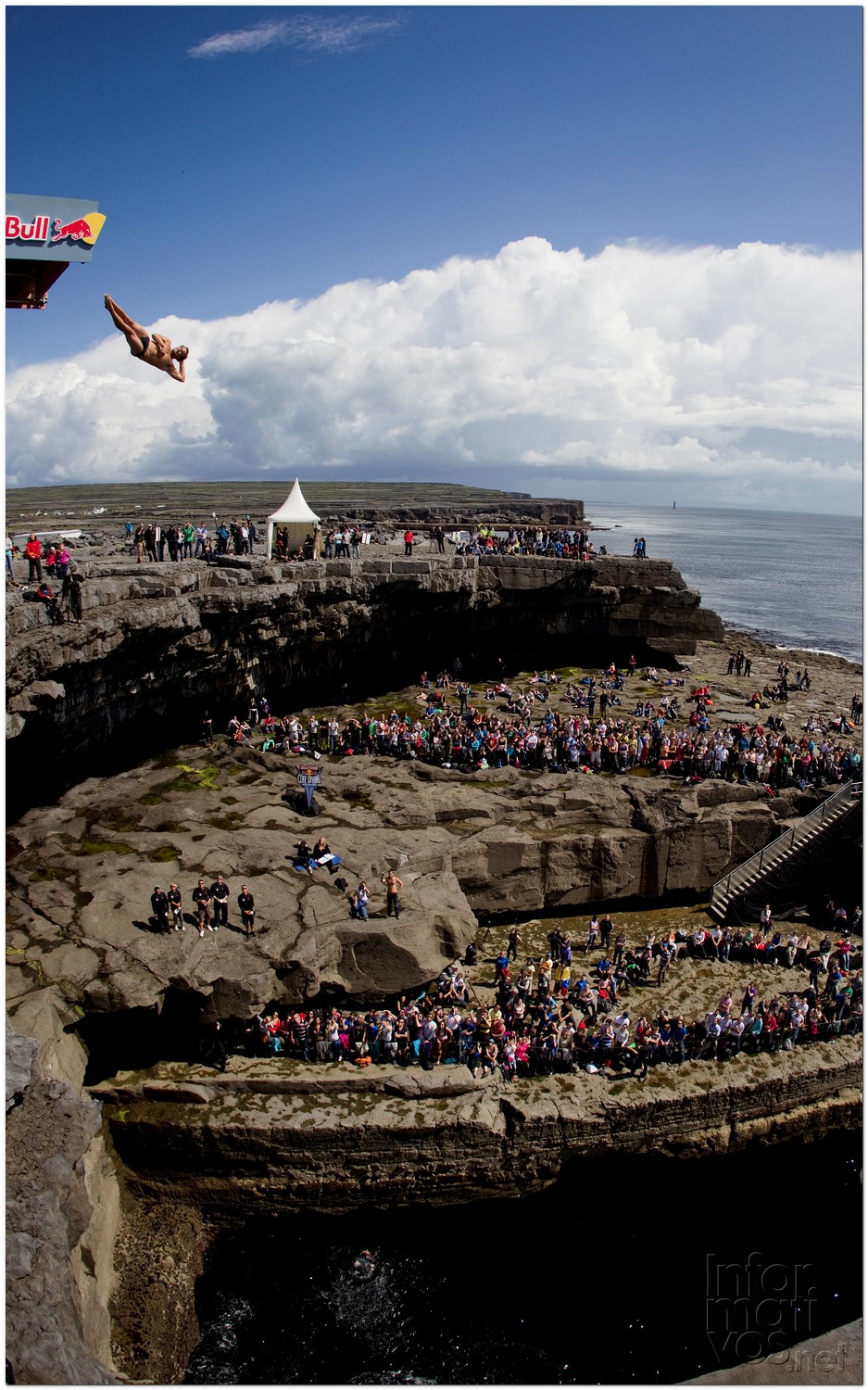 Kent De Mond of the USA dives from the 28 metre platform during the fourth stop of the Red Bull Cliff Diving World Series, Inis Mor, Aran Islands, Ireland on August 4th 2012. 