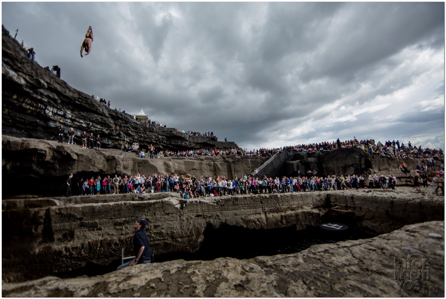 David Colturi of the USA dives from the 28 metre platform during the fourth stop of the Red Bull Cliff Diving World Series, Inis Mor, Aran Islands, Ireland on August 4th 2012.